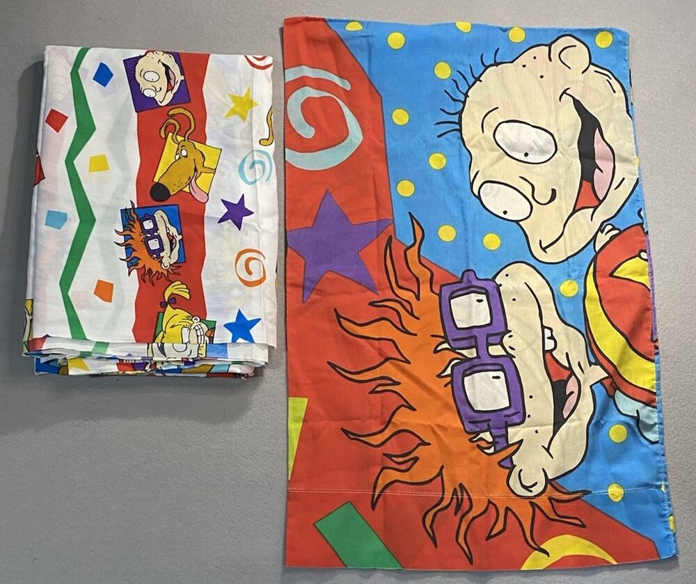Vintage 1997 Nickelodeon Rugrats Twin Flat Bed Sheet And Pillowcase Tommy Chucky